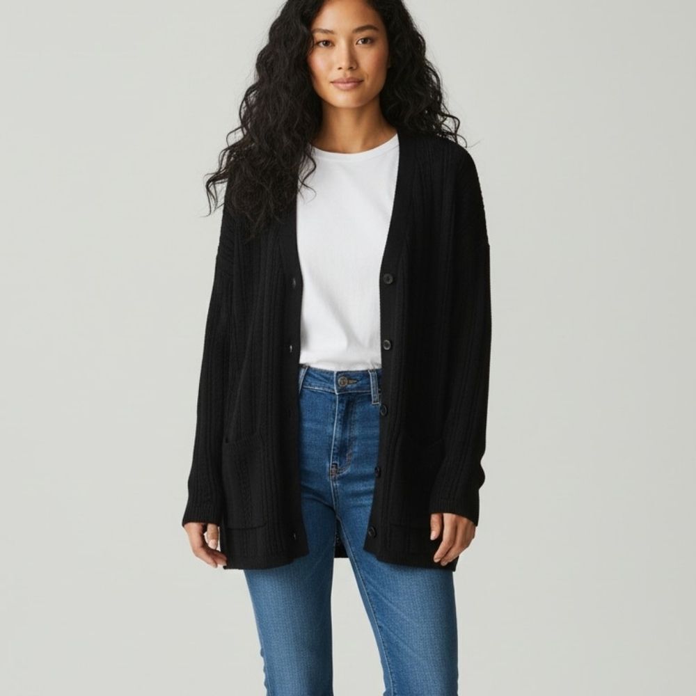 Pointelle Ribbed Long Black Knit Cardigan